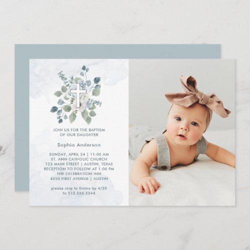 Lovely Dusty Blue Watercolor Floral Photo Baptism Invitation
