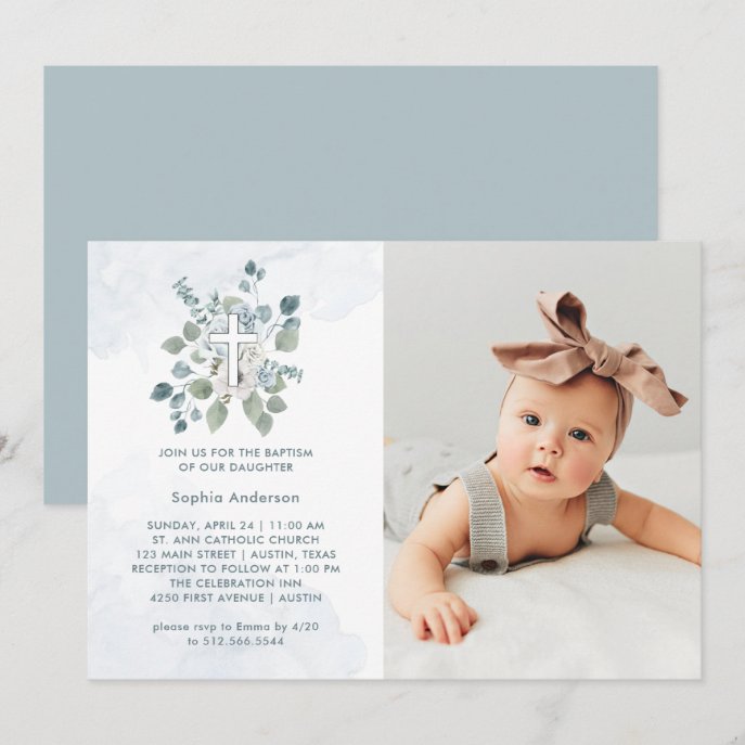 Lovely Dusty Blue Watercolor Floral Photo Baptism Invitation