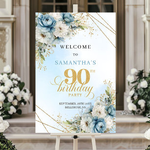 Lovely dusty blue watercolor florals 90th birthday poster
