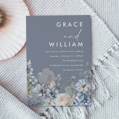 Lovely Dusty Blue  White Floral Wedding Invitation