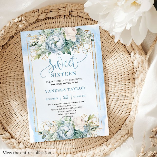 Lovely Dusty Blue White Peony Sweet 16 Invitation (Lovely Dusty Blue White Peonies Sweet 16 Invitation)