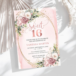 Lovely Dusty Pink Floral Greenery Sweet Sixteen Invitation