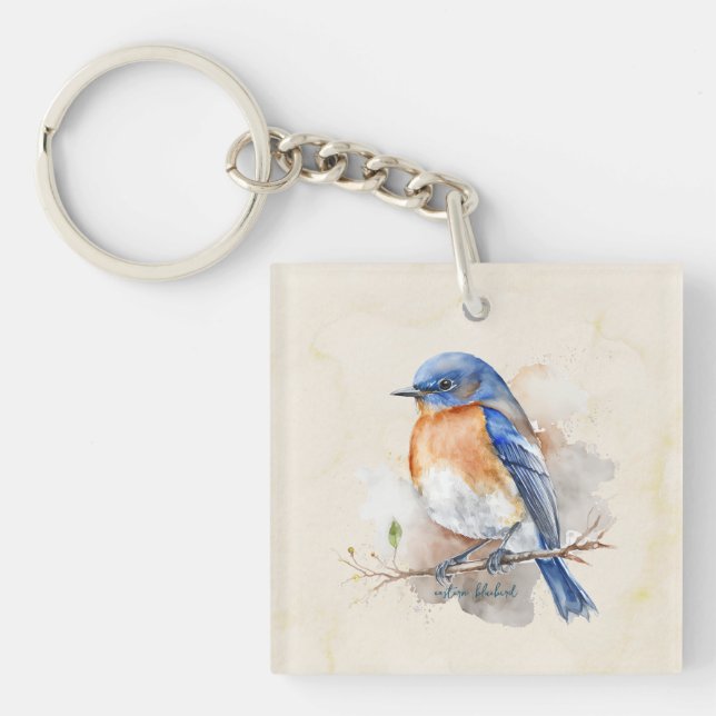 Lovely Eastern Bluebird Orange Blue Watercolor Keychain (Front)