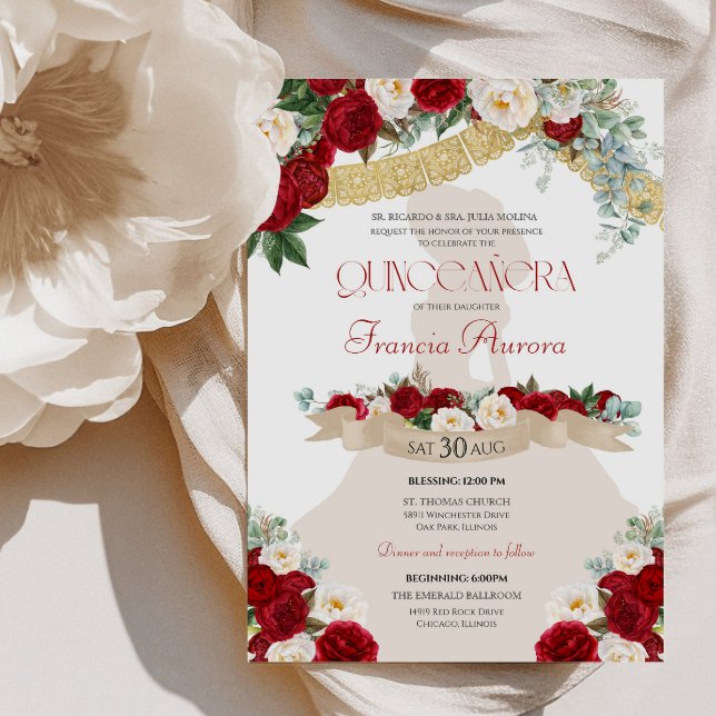 Lovely Elegant Charro Red White Gold Quinceanera  Invitation