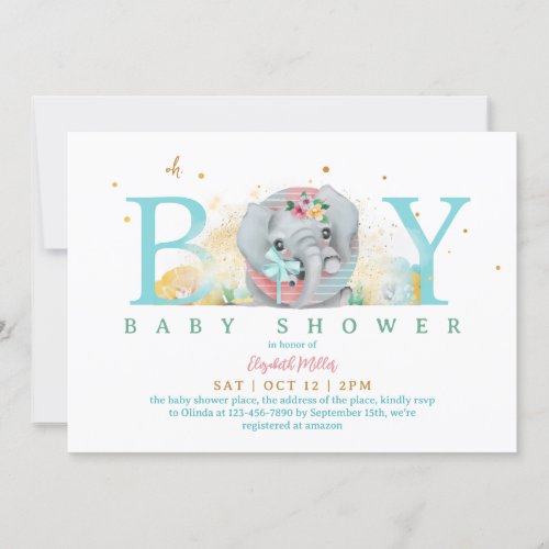Lovely Elephant Oh Boy Baby Shower Invitation