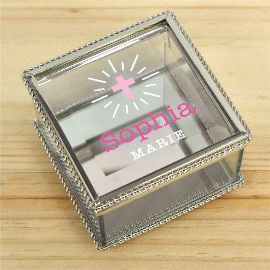 Lovely Engraved Communion Cross Glass Jewelry Box (Front)
