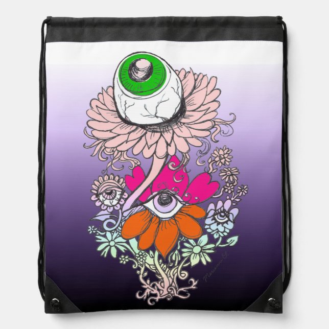 Lovely Fade Ombre Alien Floral Drawstring Backpack (Front)