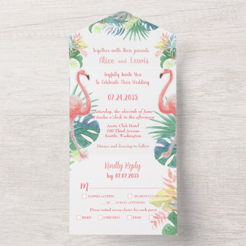 Lovely Fairy Tale For Two Flamingo Tropical Flower All In One Invitation