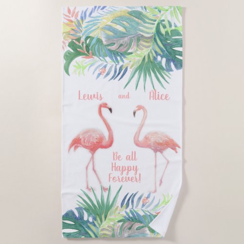 Lovely Fairy Tale For Two Flamingo Tropical Flower Beach Towel