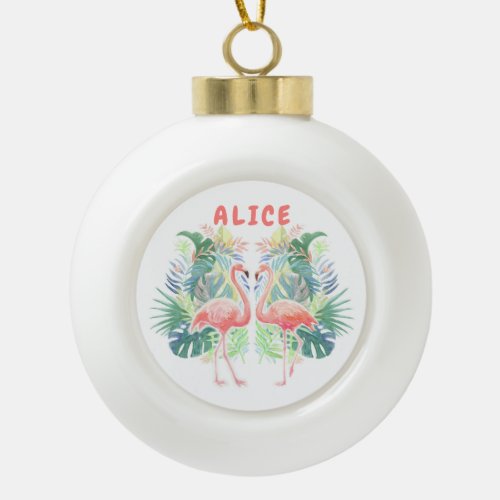 Lovely Fairy Tale For Two Flamingo Tropical Flower Ceramic Ball Christmas Ornament