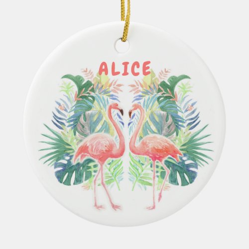 Lovely Fairy Tale For Two Flamingo Tropical Flower Ceramic Ornament
