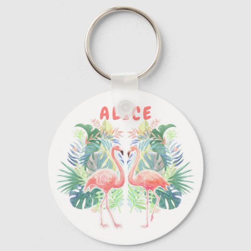 Lovely Fairy Tale For Two Flamingo Tropical Flower Keychain