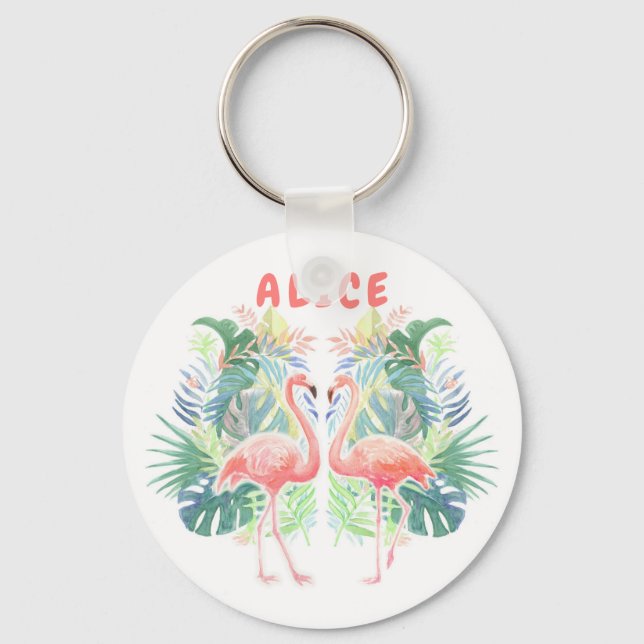 Lovely Fairy Tale For Two Flamingo Tropical Flower Keychain (Front)
