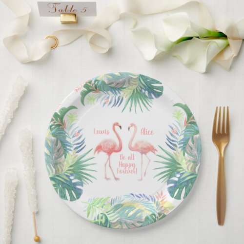 Lovely Fairy Tale For Two Flamingo Tropical Flower Paper Plates