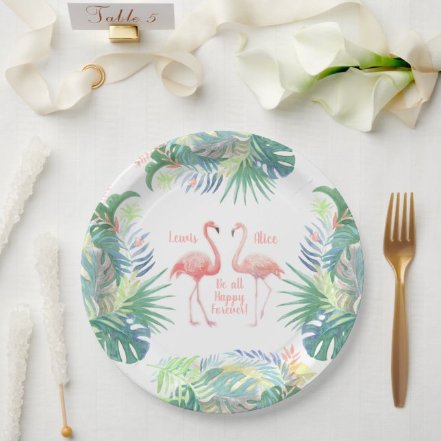 Lovely Fairy Tale For Two Flamingo Tropical Flower Paper Plates (Wedding)