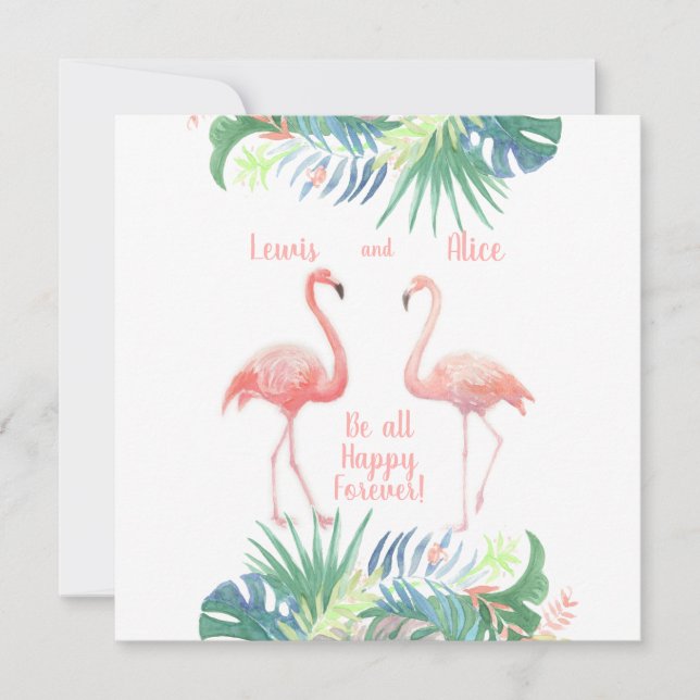 Lovely Fairy Tale For Two Flamingo Tropical Flower Save The Date (Front)