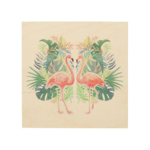 Lovely Fairy Tale For Two Flamingo Tropical Flower Wood Wall Art