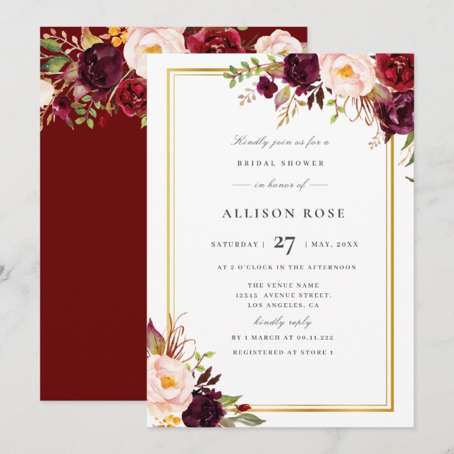 lovely fall burgundy bridal shower invitation (Front/Back)