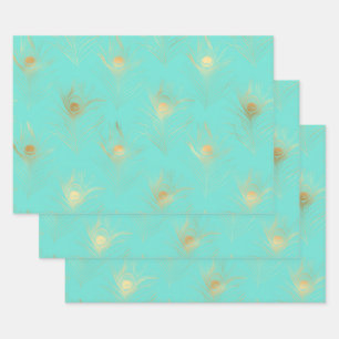 Lovely Feathers Blue Turquoise and Golden Wrapping Paper Sheets