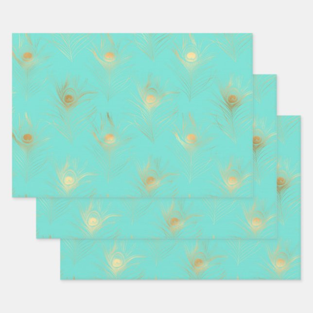 Lovely Feathers Blue Turquoise and Golden Wrapping Paper Sheets (Set)