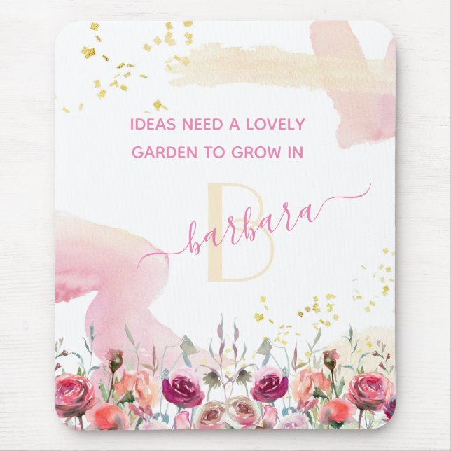 Lovely Feminine Floral Garden Monogram Name    Mouse Pad (Front)