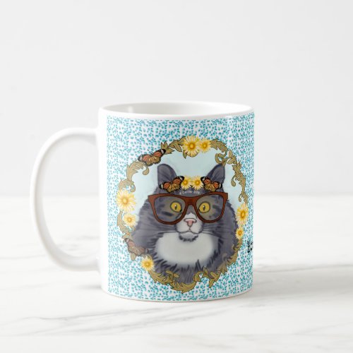 Lovely Floof Cat wearing glasses custom name mug
