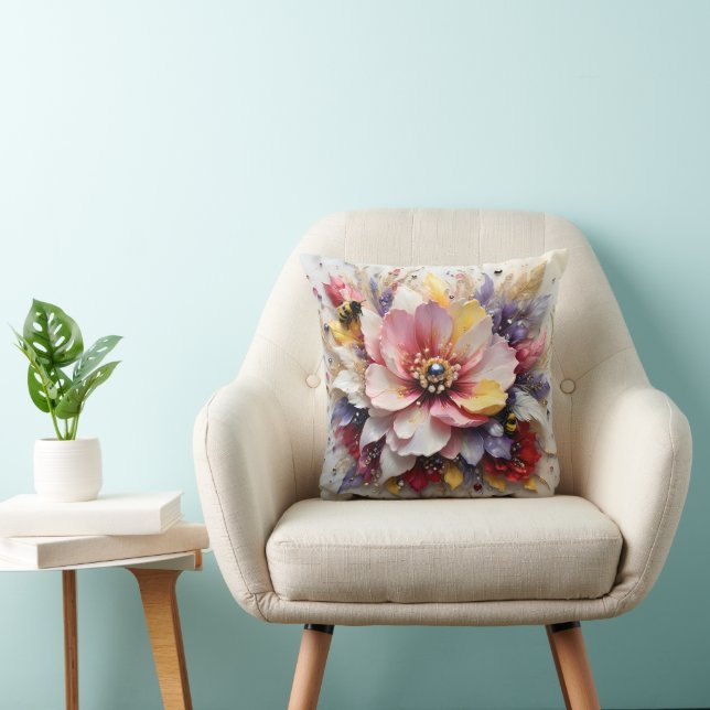 Lovely Floral "Beaded" with Honeybees Graphic Throw Pillow (Chair)