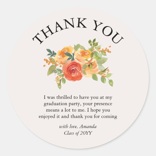 Lovely Floral Bloom Graduation Thank You Sticker (Front)