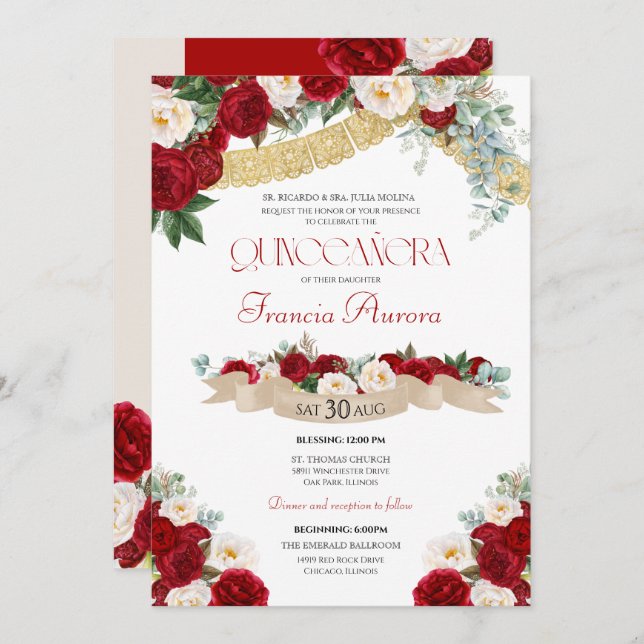 Lovely Floral Blooms Red & White Quinceanera Invitation (Front/Back)