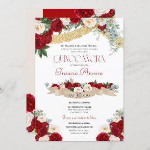 Lovely Floral Blooms Red & White Quinceanera Invitation