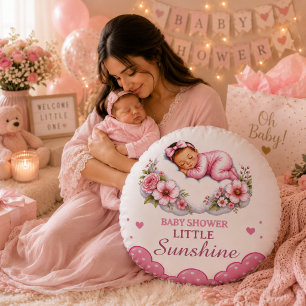 Lovely Floral Little Sunshine Baby Shower Round Pillow