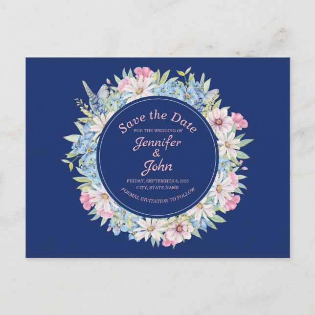 Lovely Floral Wreath Blue Wedding Save the Date Announcement Postcard (Front)