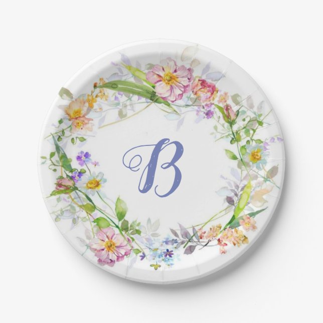 Lovely Floral Wreath Monogram Design Paper Plates (Front)