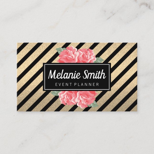Lovely Flowers Glitter Striped Business Card (Front)