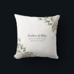 Lovely Foliage & Gold Custom Names Wedding   Throw Pillow<br><div class="desc">Elegant Green and Gold sparkle foliage wedding pillow.  White and Cream.  Date.  Anniversary or Wedding. Lovely.  Custom.</div>