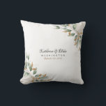 Lovely Foliage & Gold Custom Names Wedding   Throw Pillow<br><div class="desc">Elegant Green and Gold sparkle foliage wedding pillow.  White and Cream.  Date.  Anniversary or Wedding. Lovely.  Custom.</div>