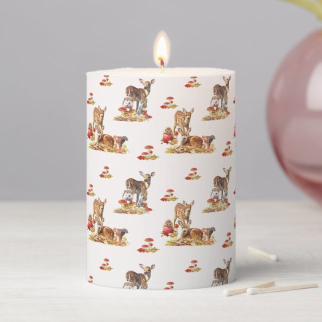 Lovely Forest Animals Autumn Art Pattern Pillar Candle (In Situ)