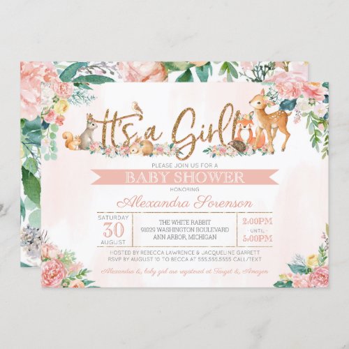 Lovely Forest Woodland Animals Girl Baby Shower Invitation