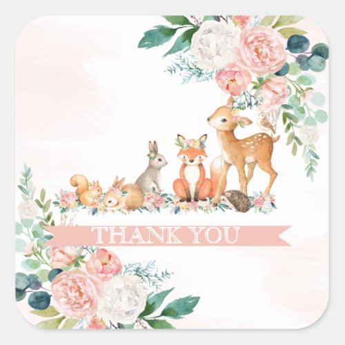 Lovely Forest Woodland Animals Girl Baby Shower Square Sticker