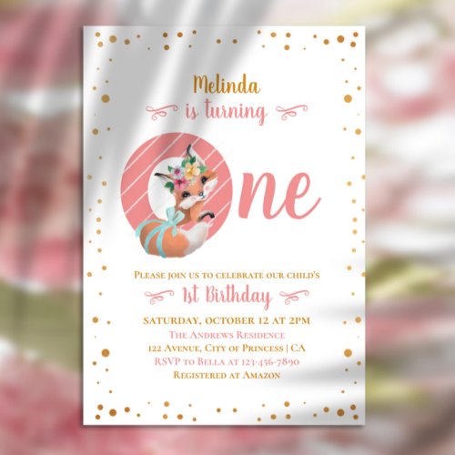 Lovely Fox Illustration Girl 1st Birthday Invitation