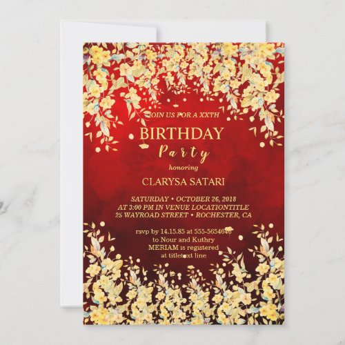 Lovely fresh red watercolor flowers birthday party invitation