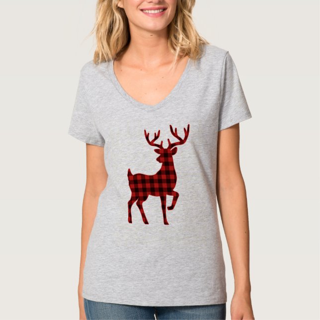 Lovely Funny Buffalo Plaid Pattern Christmas Deer T-Shirt (Front)