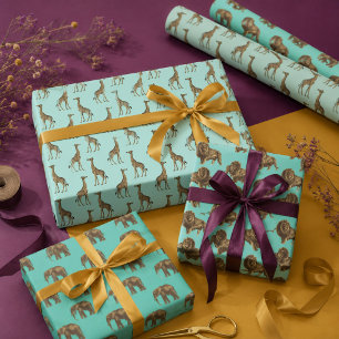 Lovely Giraffes, Lions and Elephants Wrapping Paper Sheets