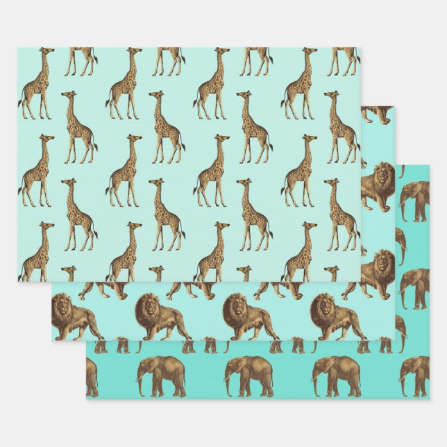 Lovely Giraffes, Lions and Elephants Wrapping Paper Sheets (Set)
