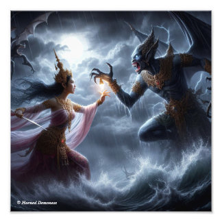 Lovely girl figthing a monster photo print