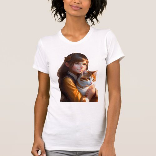 Lovely girl hugging a tabby cat T_Shirt