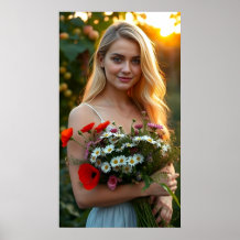 Lovely Girl with Bouquet of Daisies and Poppies 