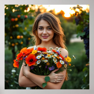 Lovely Girl with Bouquet of Daisies and Poppies Poster