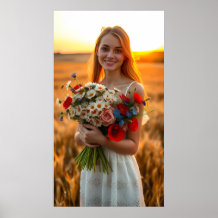 Lovely Girl with Bouquet of Daisies and Poppies 