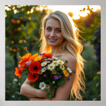 Lovely Girl with Bouquet of Daisies and Poppies 